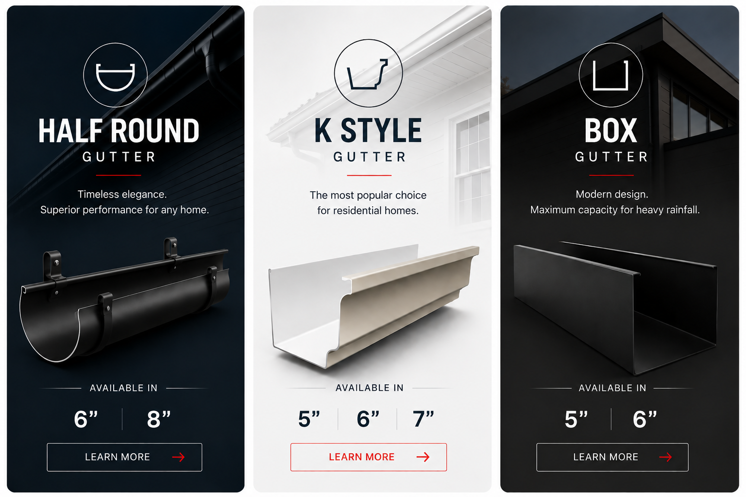 Half round, K style and box seamless gutter profiles